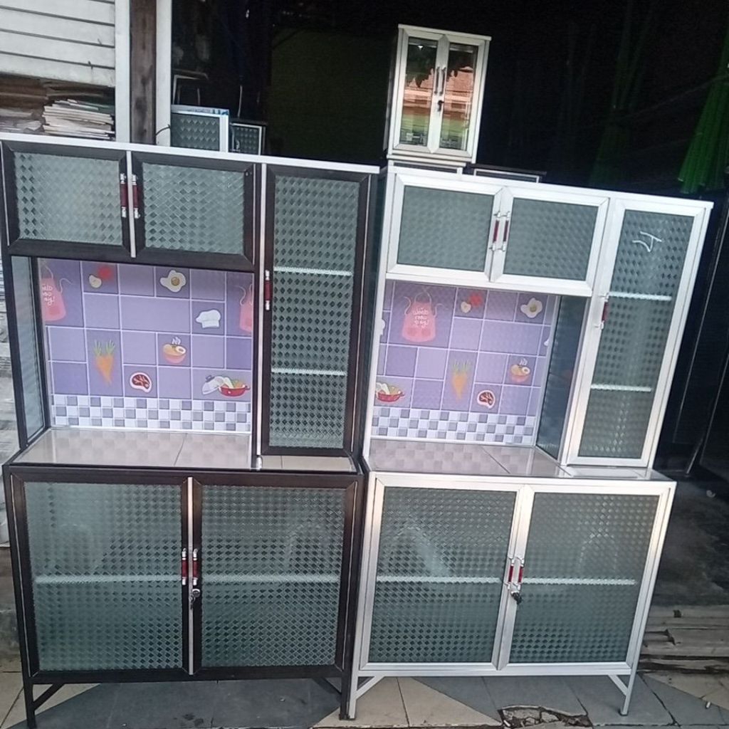 Rak piring 3pintu keramik kaca aluminium