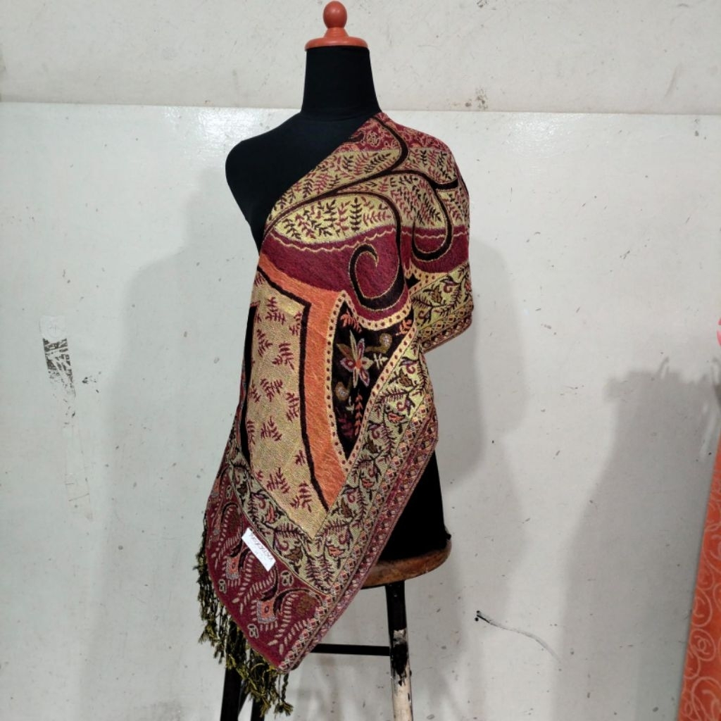 Pashmina Syal Motif Random Batik Printing Etnik 07 Benang Emas / Scarf / Selendang / Fashion Muslim