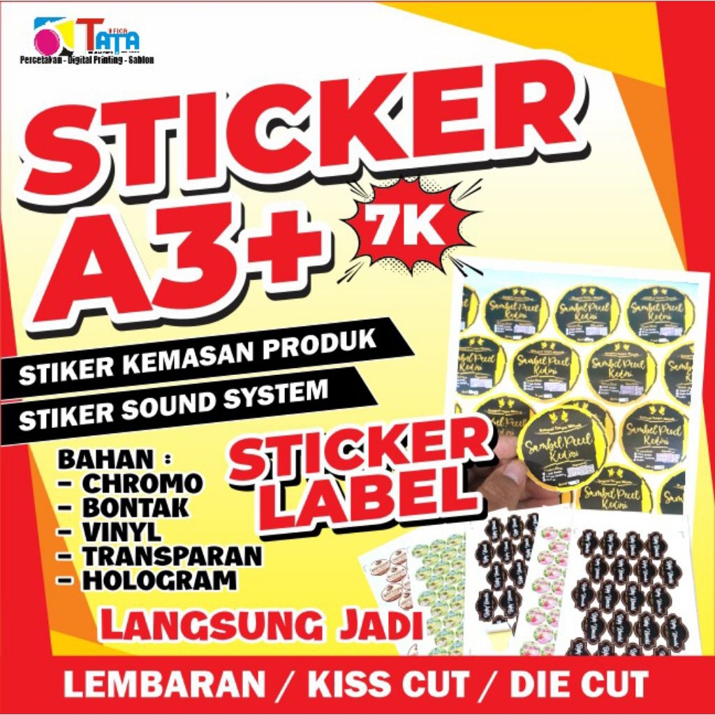 

Cetak Stiker A3+ Vinyl / Bontak / Glossy / Sticker Custom MURAH / Label / Kemasan / Logo / Makanan / Minuman / skincare kosmetik bedak / Plus Potong Putus (Die Cutting) /Permukaan (Kiss Cut), Sticker Chromo, Kualitas Premium Anti Air