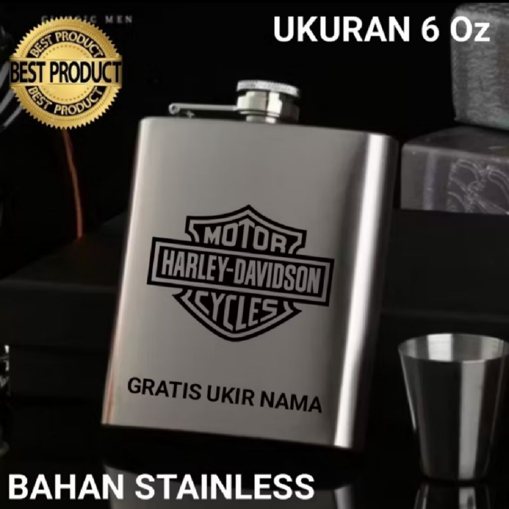 Hip Flask Botol Minum Keren Harley Davidson Stainless 6 Oz Gratis Grafir Nama