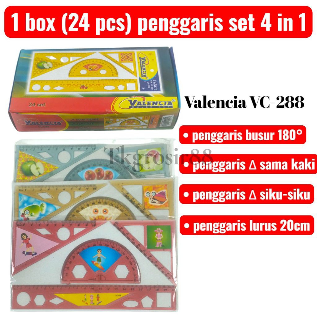 

1 Box (24 Set) Penggaris Valencia VC-288 Set 4 in 1 – Penggaris Sekolah Lengkap Motif Kartun