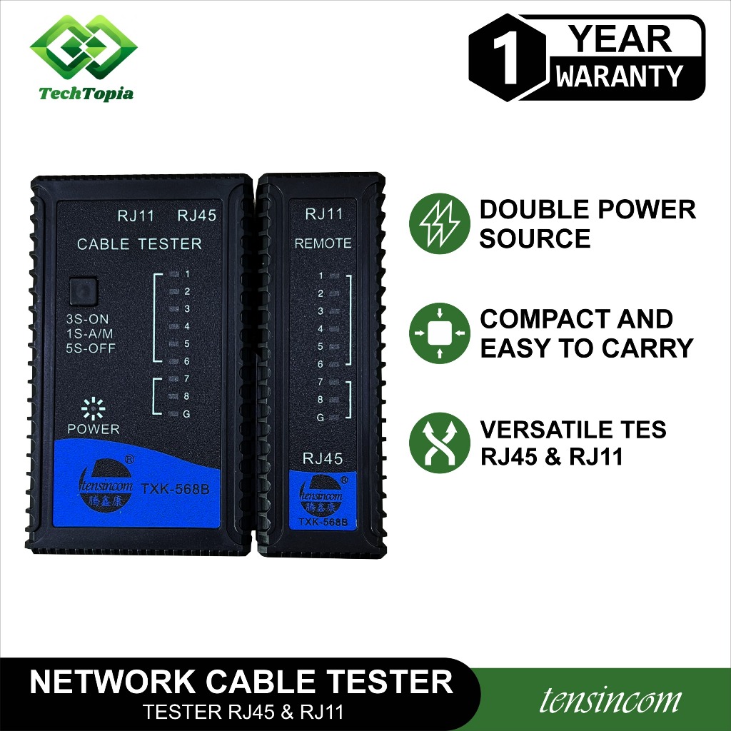 TechTopia LAN Cable Tester RJ45 RJ11 Alat Uji Kabel Jaringan Ethernet + Free Baterai 9V