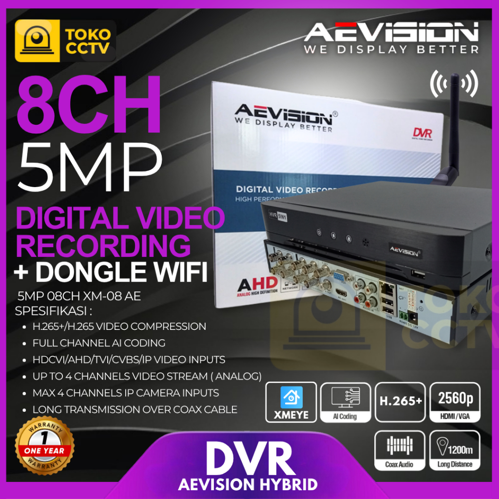 DVR Aevision 8CH 5MP Resolusi 2560P Full HD, HS-BH3008VH XMEYE 5MP