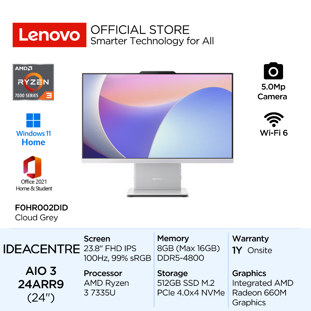 Lenovo PC IdeaCentre AIO 24ARR9 AMD Ryzen 3 7335U Win11 8GB 512GB SSD 23.8" FHD IPS Integrated Radeo