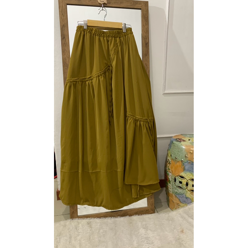 OFASHION Rok Plisket Ruffle Rempel Wanita - Rok Maxi Panjang Korea Style