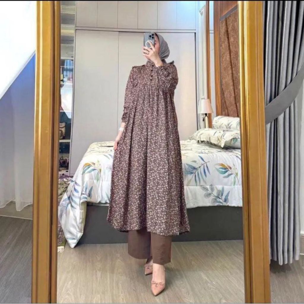 set long tunik, tunik harian, tunik motif bunga