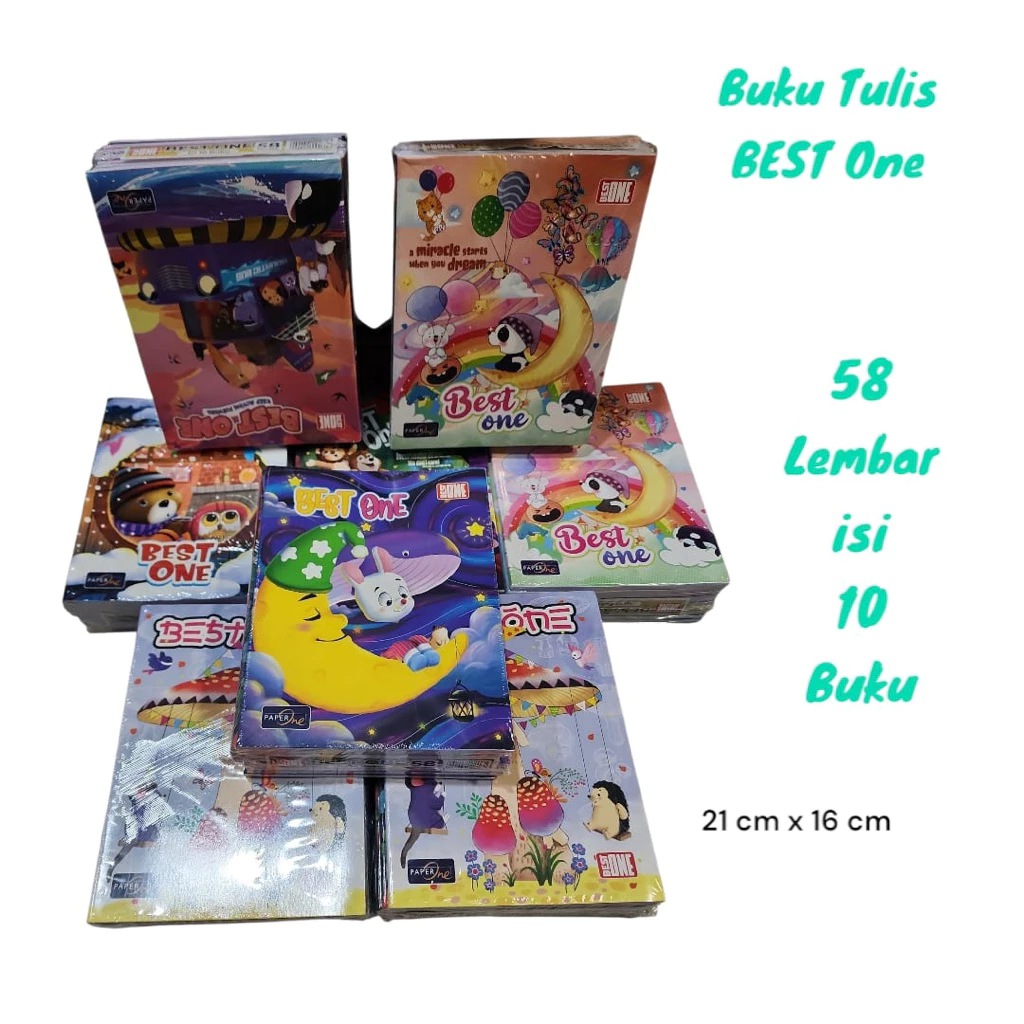

( ISI 10 PCS ) Buku Tulis BEST ONE 1pack isi 10 Buku 58 Lembar Kertas Tebal dan Halus Gambar Karakter 21x16cm COD