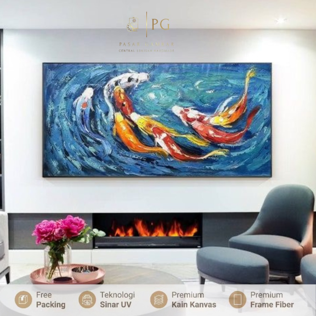 lukisan 9 ikan koi fengsui cina ukuran besar