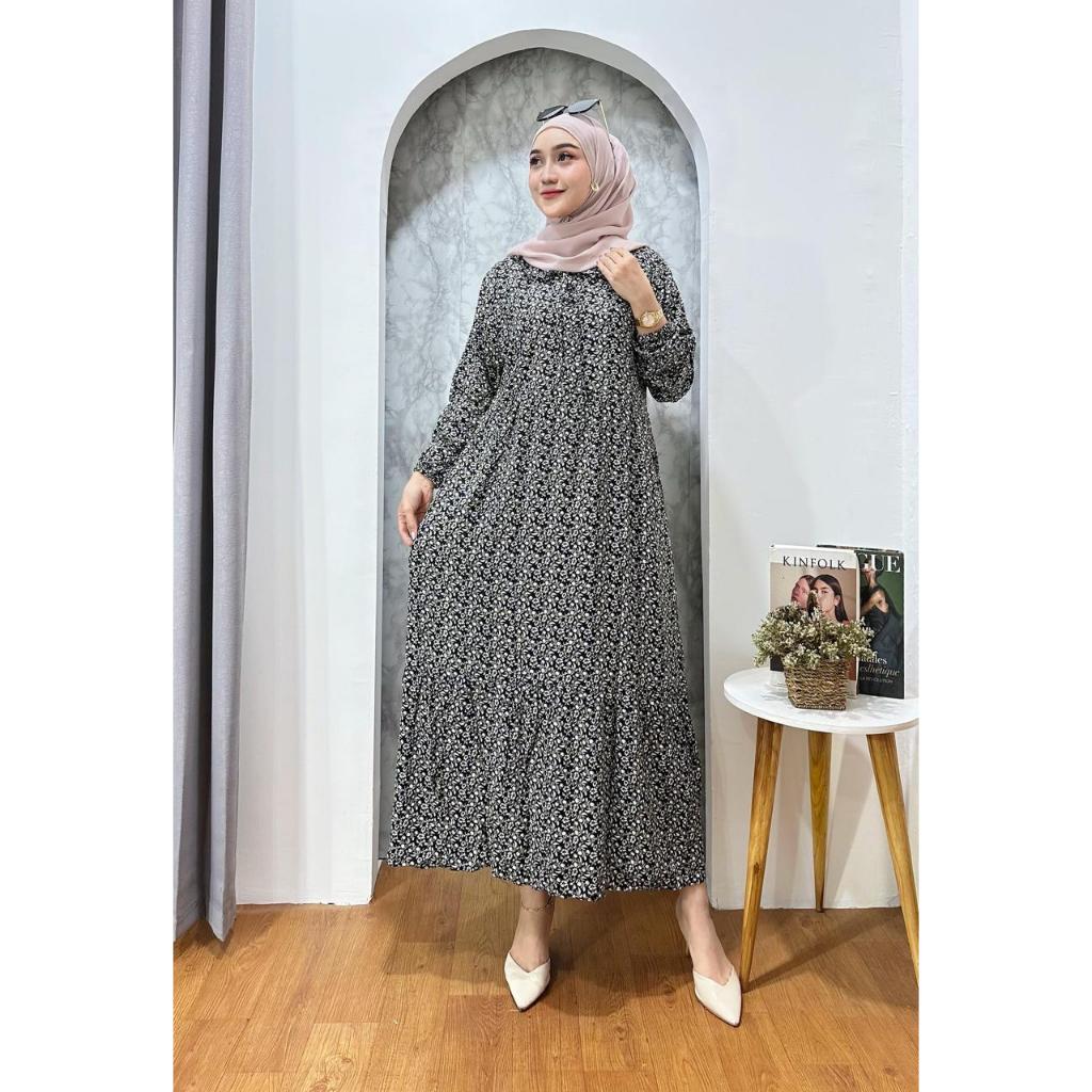 MIDI DRES Rayon Premium Motif Bunga / Gamis Busui Friendly / Dress Rayon Viscos Lengan panjang