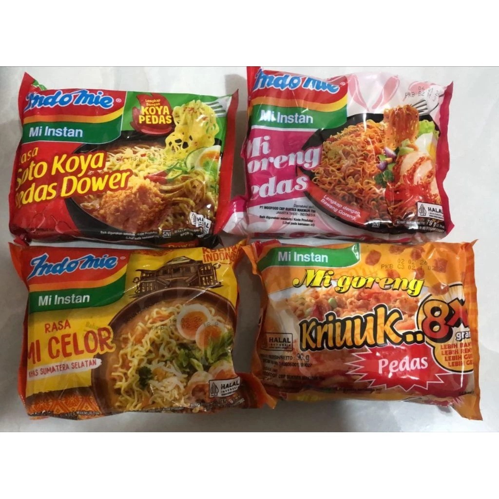

Indomie Palembang - Indomie Goreng Kriuk 8x Extra - Indomie Mi Celor - Soto Koya pedas Dower