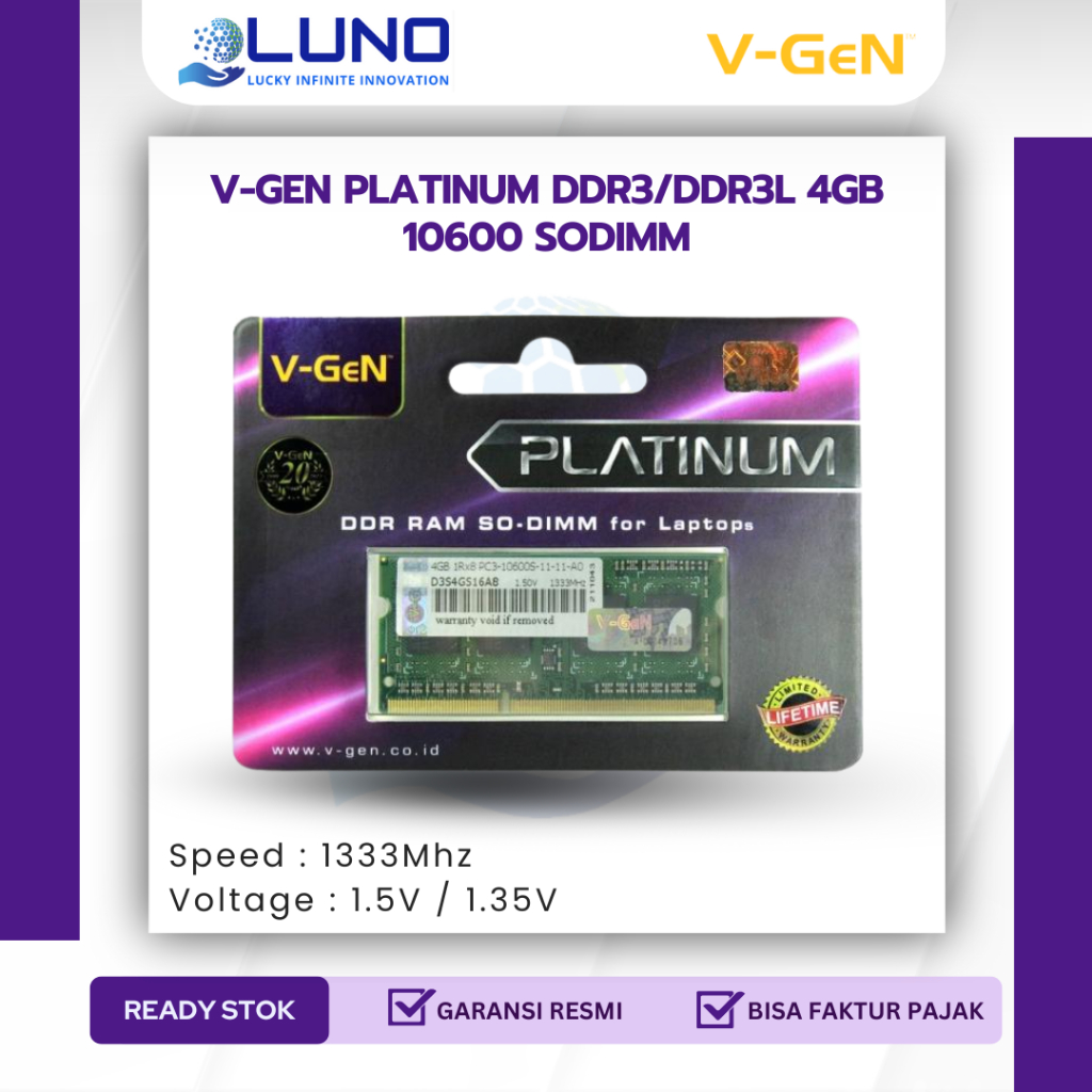 V-GEN PLATINUM DDR3/DDR3L 4GB 10600 SODIMM