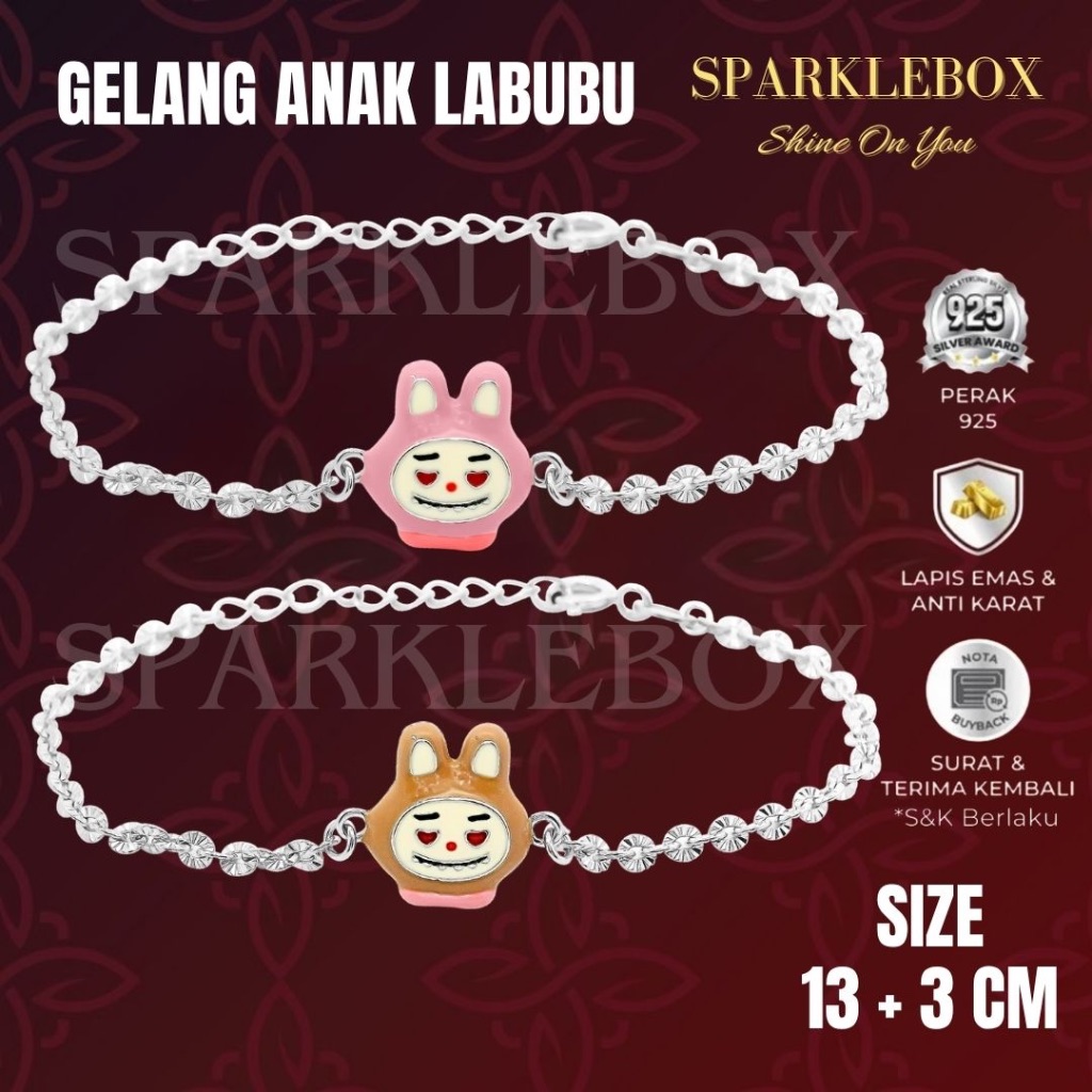 gelang perak anak laki perempuan LABUBU lapis emas asli silver 925 anti karat ada surat - sparklebox