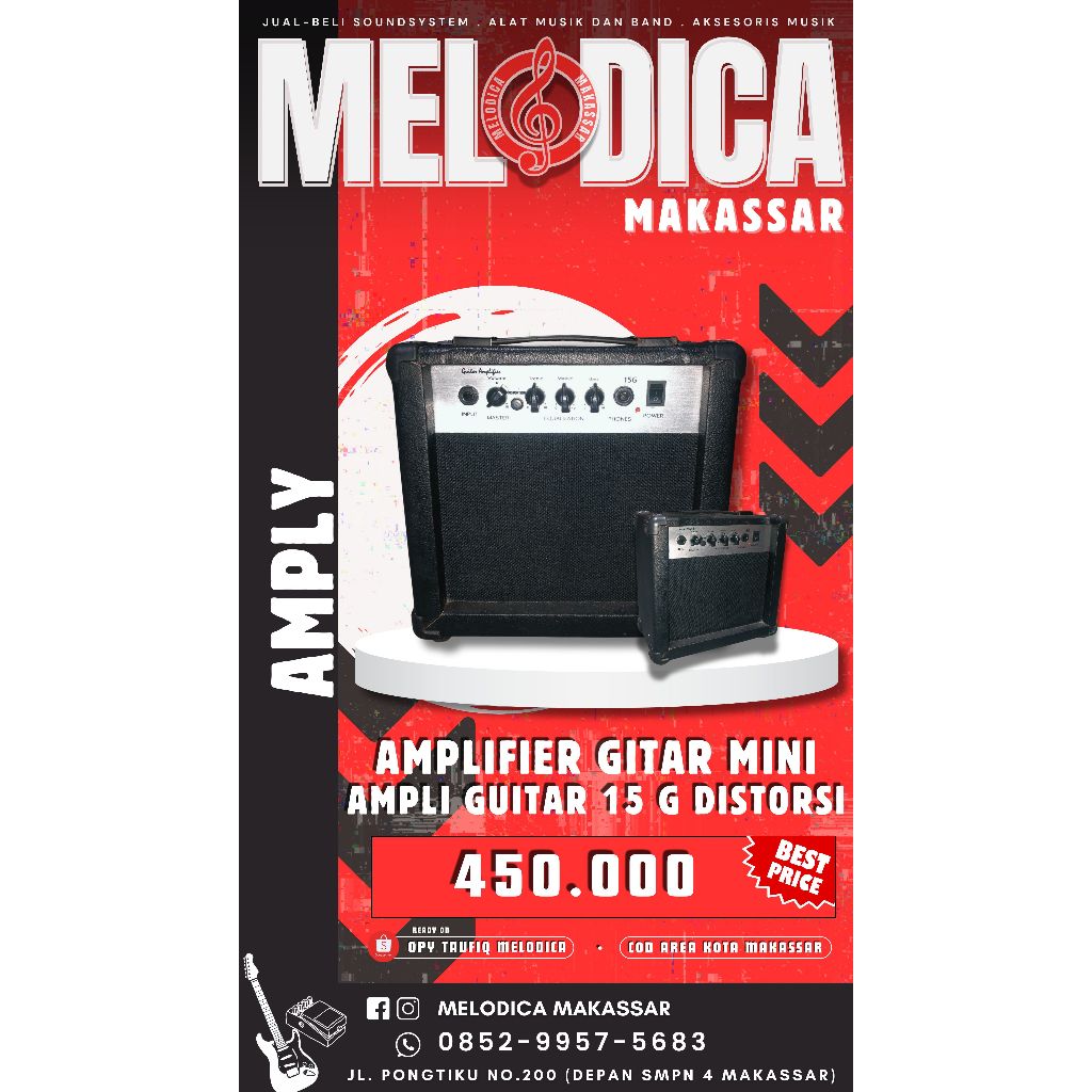 Amplifier Gitar Mini 15G dilengkapi Distorsi dan Equalizer