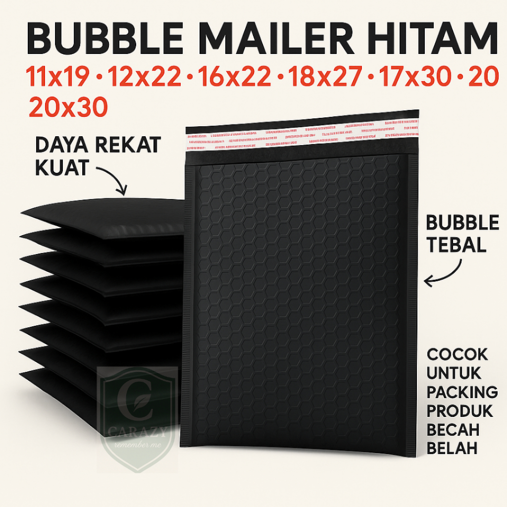 

Amplop Bubble Mailer Hitam Packing Barang Aman – Ukuran 11x19 12x22 16x22 18x27 17x30 20x30 | Packing Perhiasan Elektronik Pecah Belah | Grosir Cocok Untuk Online Shop, Gudang, Pengiriman, Fragile