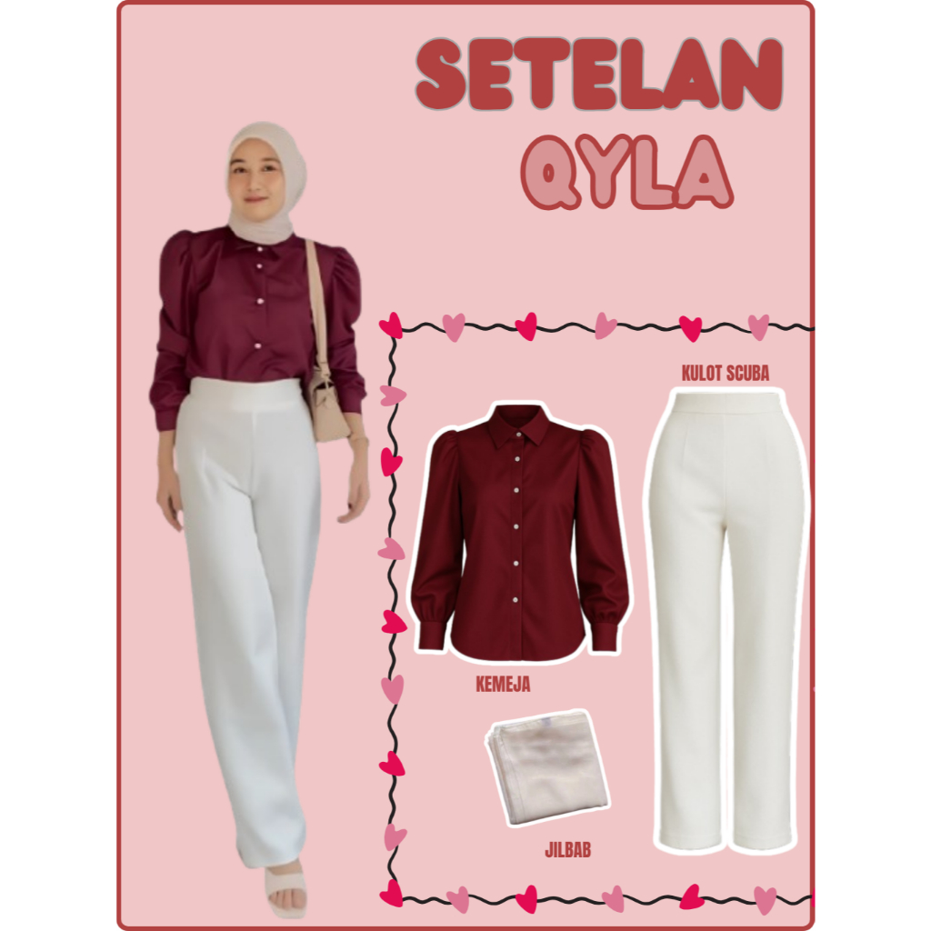 Setelan Wanita Maroon Series ( Kemeja Puffy + Kulot Scuba + Hijab ) Oneset Kekinian