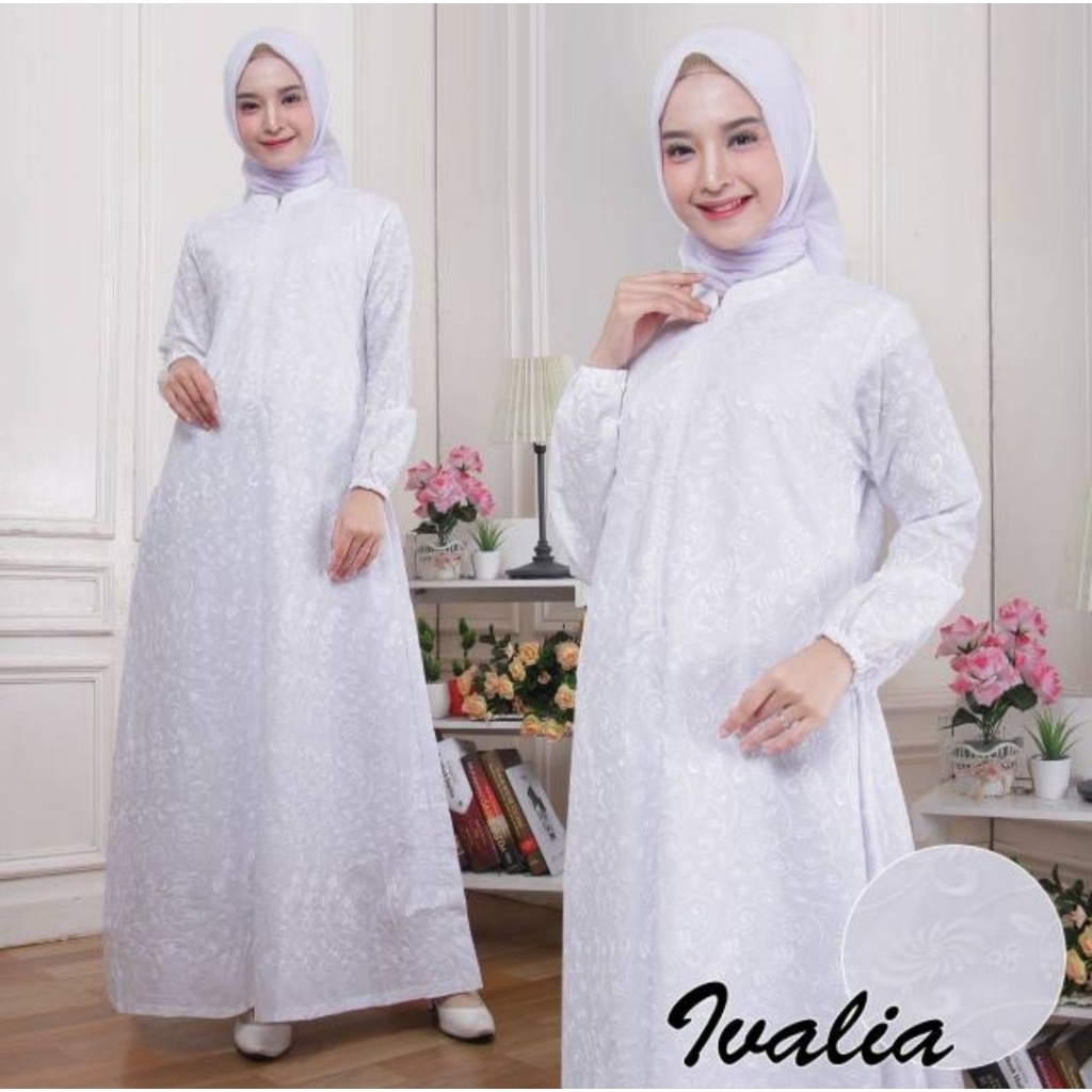 Gamis Putih Ivalia  Katun Paris / Gamis haji / Gamis Ihram Terbaru