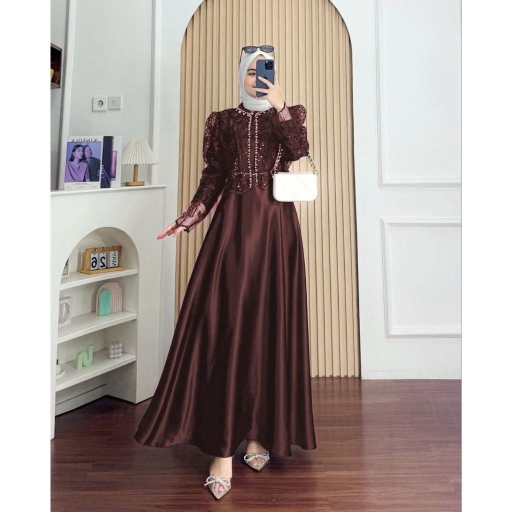 COD Sakura dress Bahan silk premium mix brukat payet Gamis jumbo Gamis polos Gamis kekinian Gamis ma