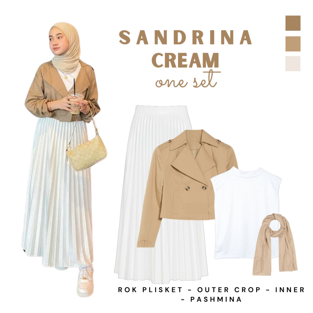Setelan OOTD Korean Style (Blazer Coksu, Rok Plisket Putih, Inner Putih, Pashmina Cream) - CTO15