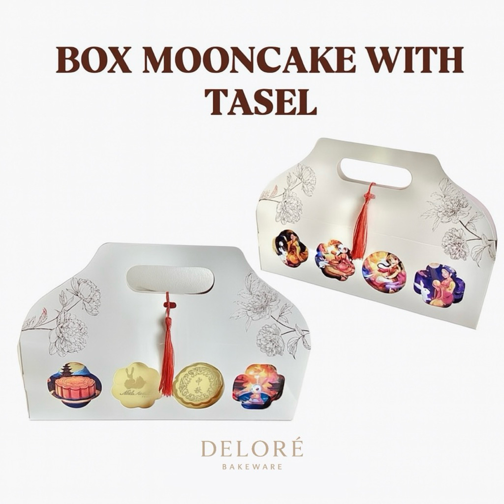 

DELORÉ Kotak Mooncake isi 4pcs FREE Hang Tag Tasel / Tas Jinjing Kue Bulan / Mika Box Mooncake Case Mid Autumn Festival / Box Jinjing Kue Bulan Kelinci