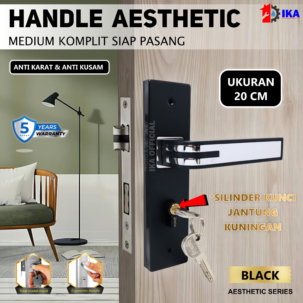 Gagang Kunci Pintu Handle Kunci Pintu Rumah Tanggung Set 20cm Crom Black series premium mewah elegan