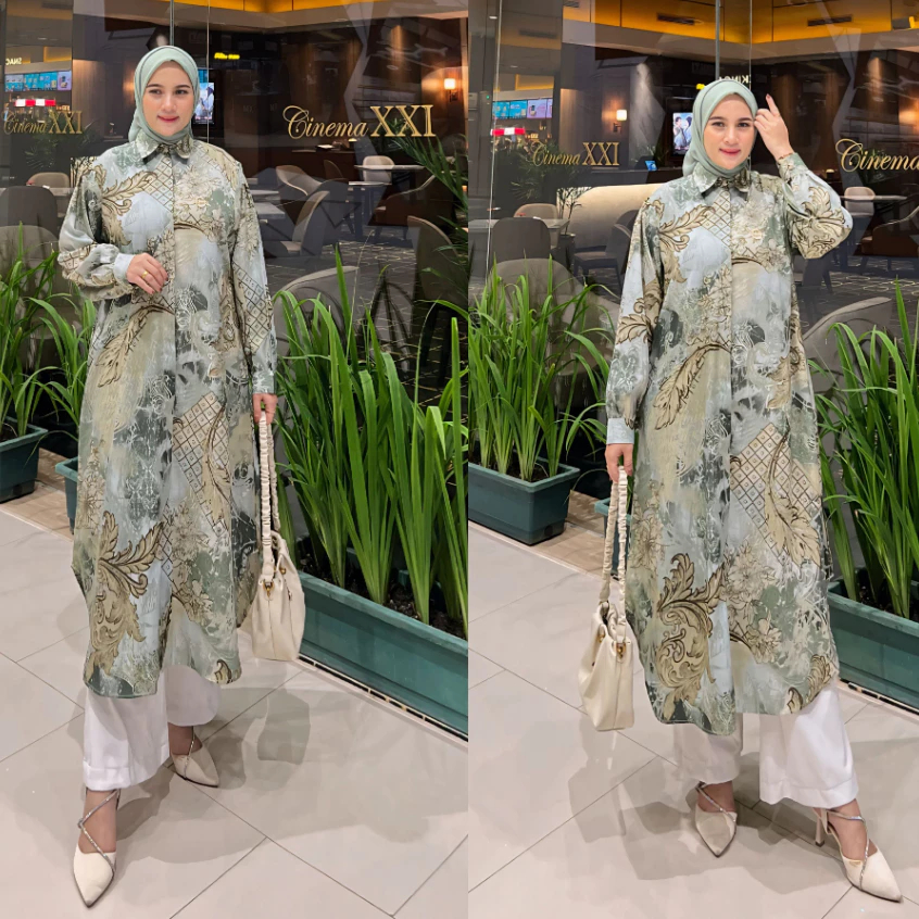 Ameera Long Tunic [LD 110cm PB 120cm] | Tunik Motif Print Bahan Dobby Print Premium | Atasan Wanita