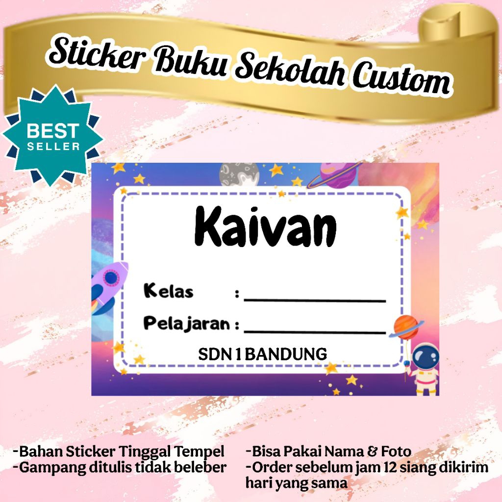

(ISI 50 PCS) SUDAH ADA LEM STICKER LABEL BUKU SEKOLAH CUSTOM NAMA & FOTO MOTIF ASTRONOT