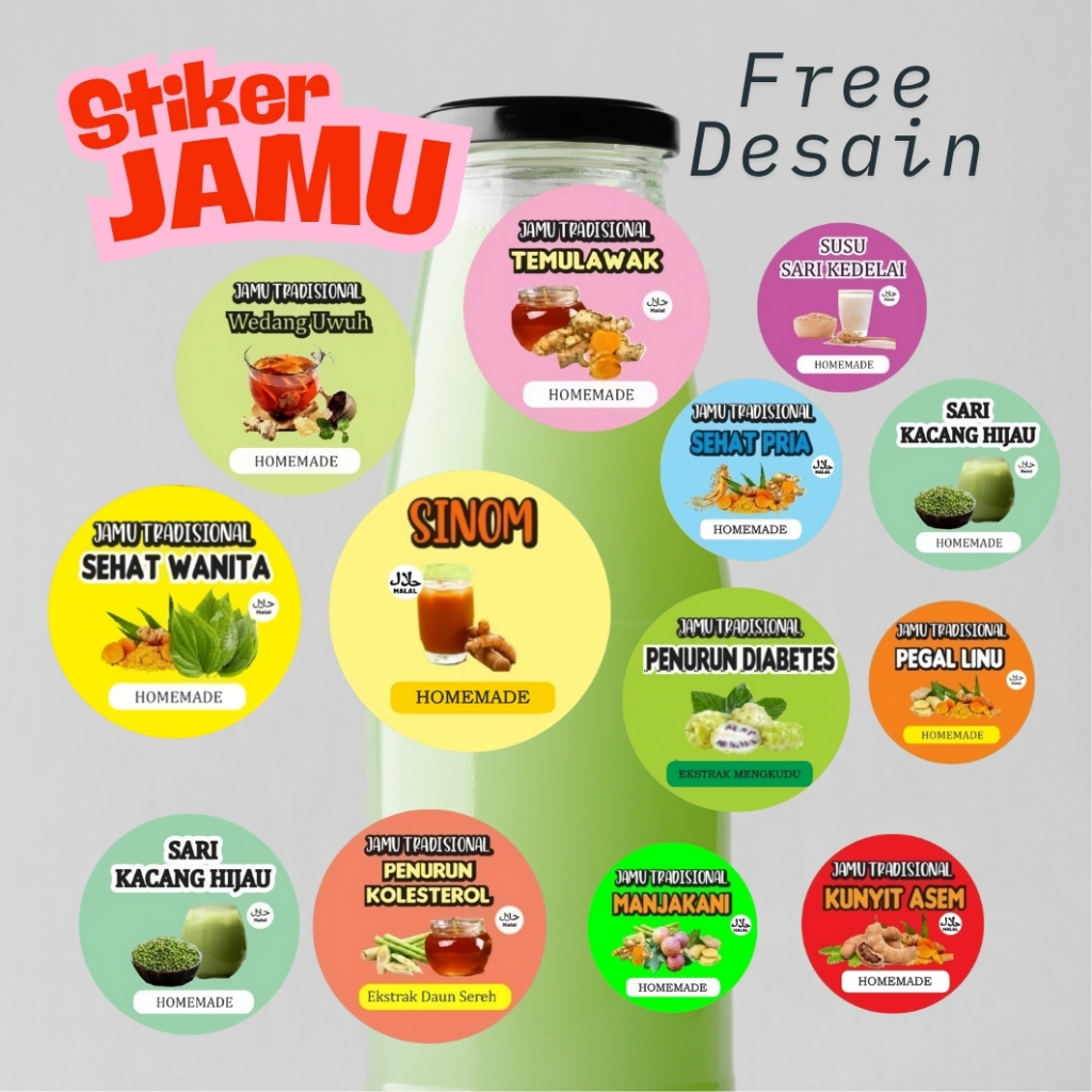 

[ isi 40pcs stiker ]Stiker jamu bulat minuman jamu jamu herbal sticker sari kedelai stiker sari kacang hijau sticker kunyit asem beras kencur BLACUPRINT