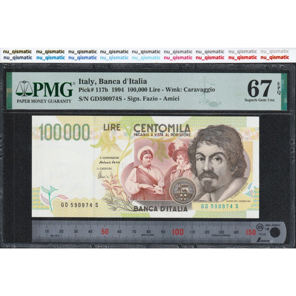 Uang Italy 100000 Italia 100000 Lire, 1994 , PMG 67 EPQ, Superb Gem UNC P# 117b