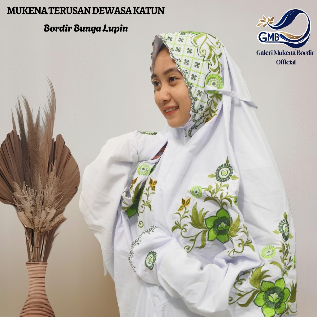 Mukena Katun Polino Dewasa Terusan Motif Bordir Bunga Lupin Indah