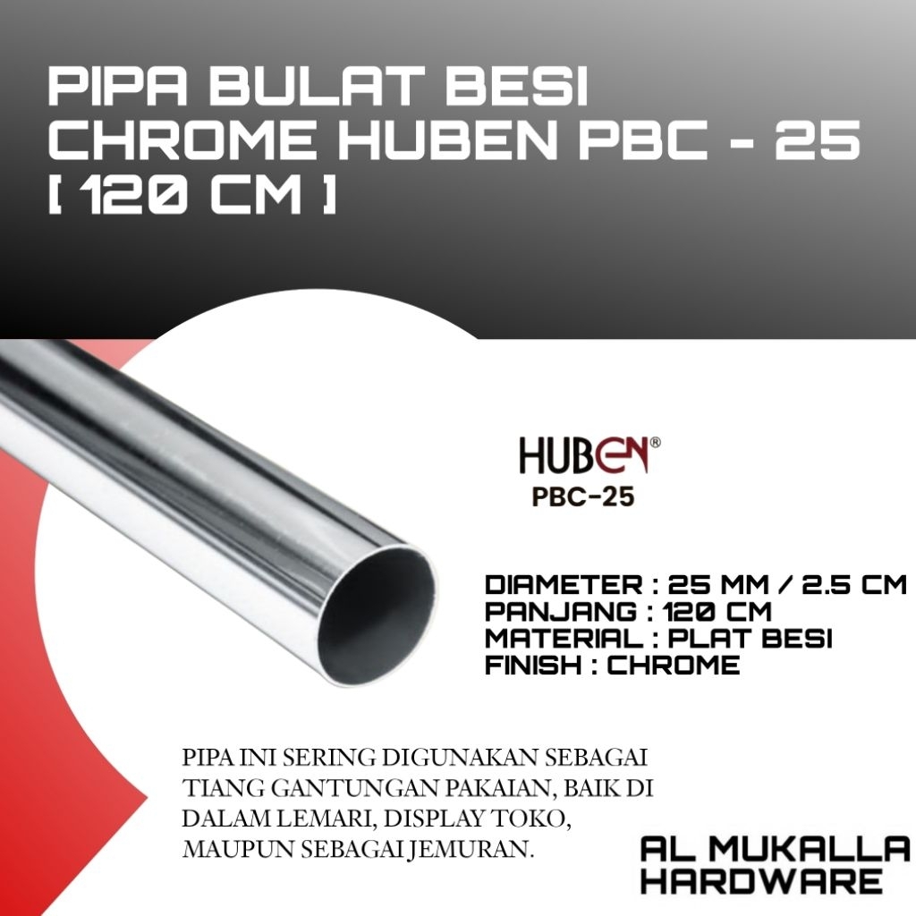 [ 120 CM ] Pipa Bulat Besi Chrome Huben 25mm | Pipa Gantungan Baju / Lemari Panjang 120cm