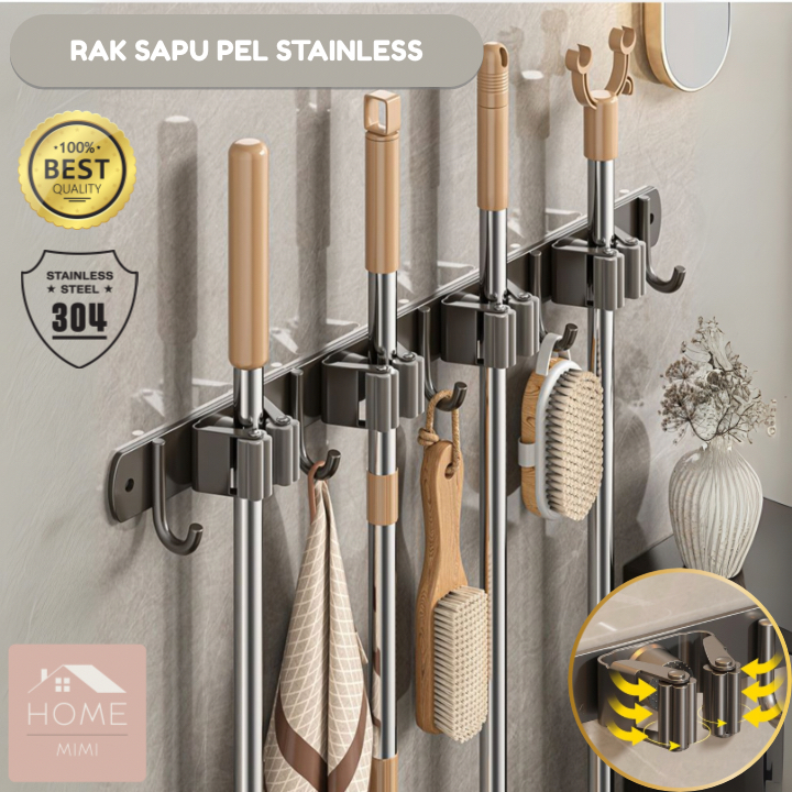 MIMI TEMPAT PENJEPIT GANTUNGAN SAPU PEL DINDING 4 PENJEPIT 5 KAIT/RAK SAPU PEL STAINLESS MULTIFUNGSI