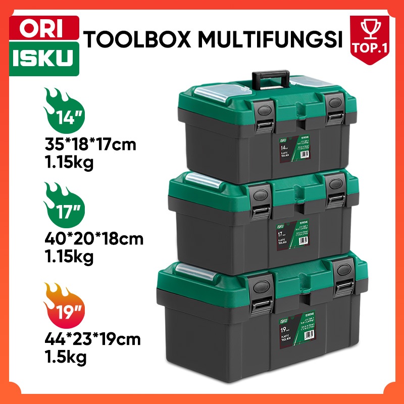 ISKU Tool Box Plastik 2 Susun 14 17 19 Inch Koper Perkakas Tukang Tempat Penyimpanan Kunci Baut Wada