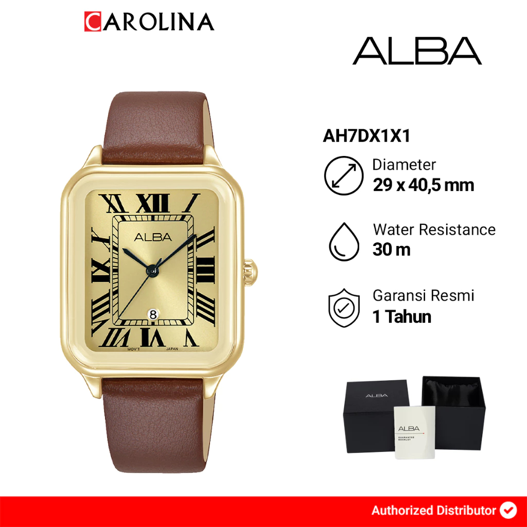 Jam Tangan Wanita Alba AH7DX6X1 Tank Gold Dial Brown Leather Strap