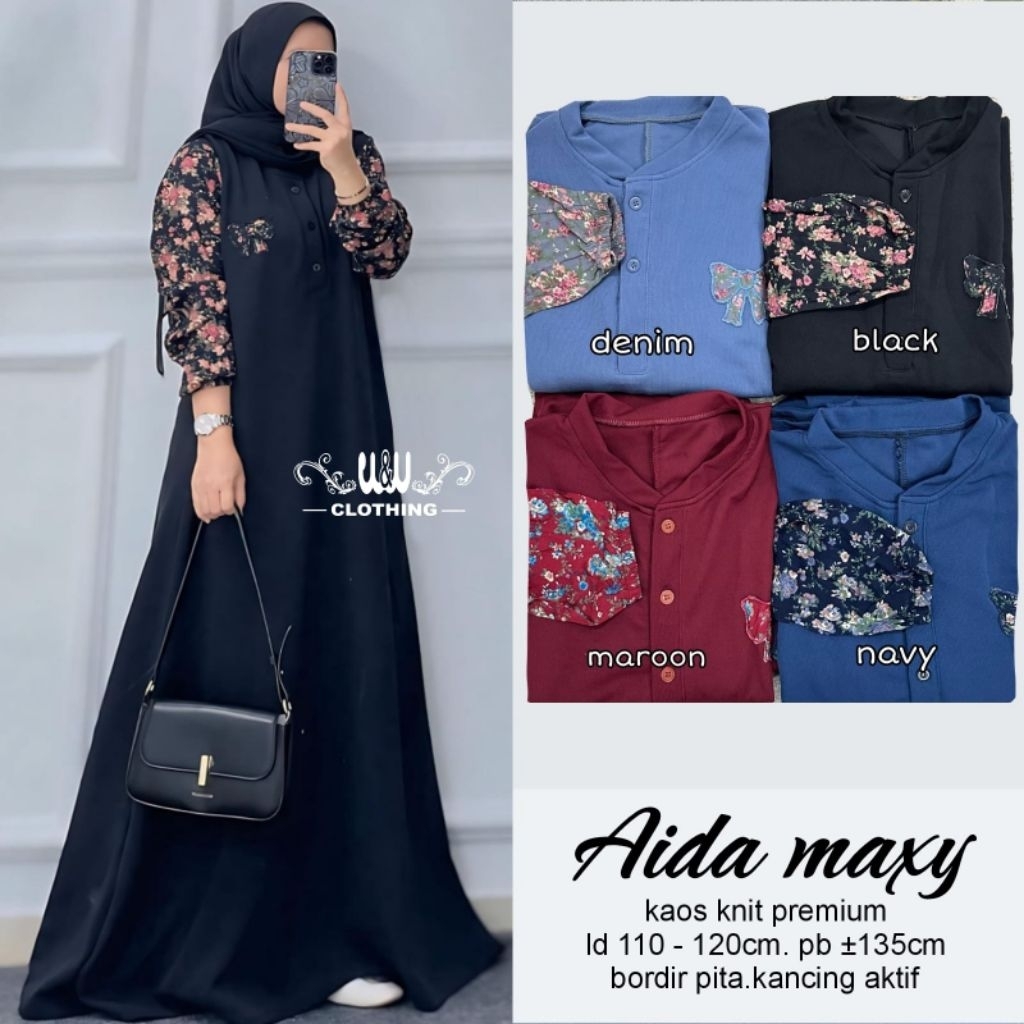 Aida Baju Gamis Kaos Knit Terbaru Ld 120 110 Lengan Motif Bunga Bunga Polos