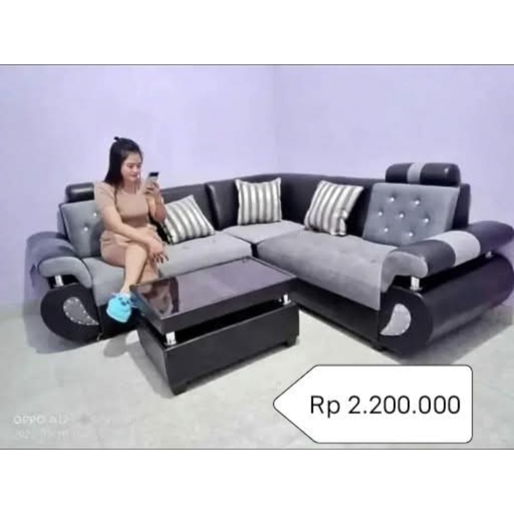 SOFA L SUDUT ANGSA + MEJA KACA BLUDRU TEBAL