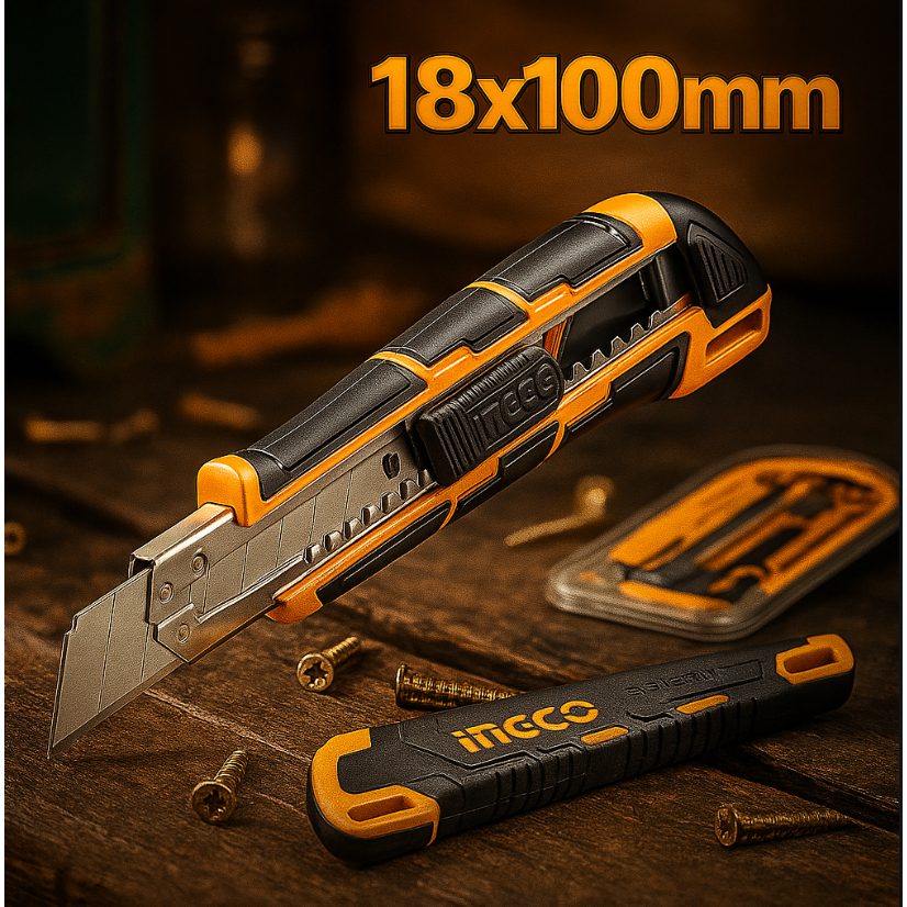 

INGCO PISAU CUTTER SNAP OFF BIG BLADE KNIFE SK5 BESAR 18MM HKNS28035 Terdiri dari 3pcs Mata Pisau Tajam Model SK5 Ukuran 18x100mm