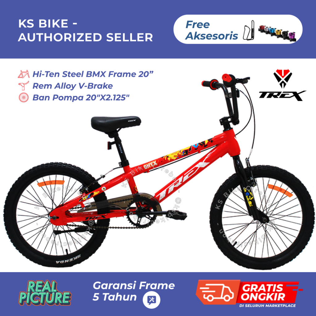 BMX Trex Onyx Ban 2.125 20 Inch Frame Steel Rem V Brake Sepeda Anak Laki laki Umur 7 8 9 10 Tahun KS