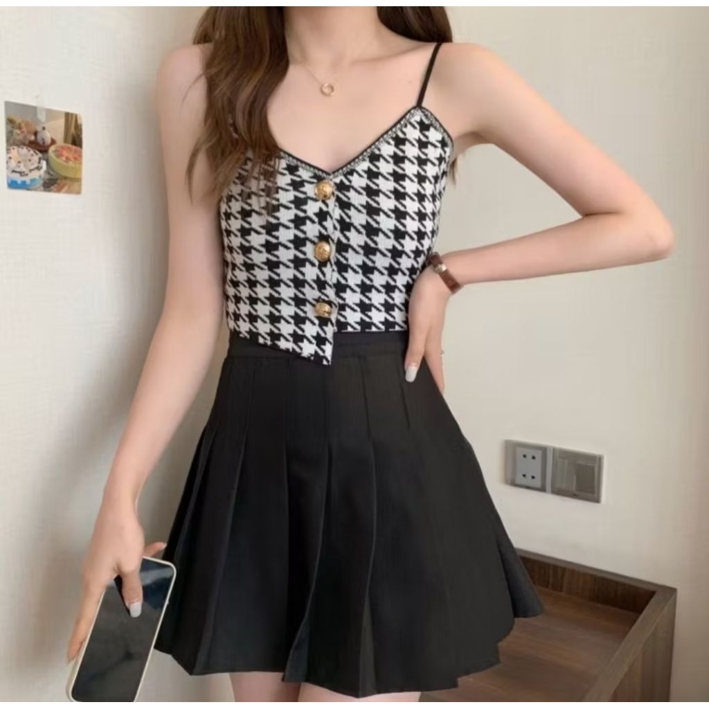 Tank Top Wanita Houndstooth Kancing Aktif Knit Premium