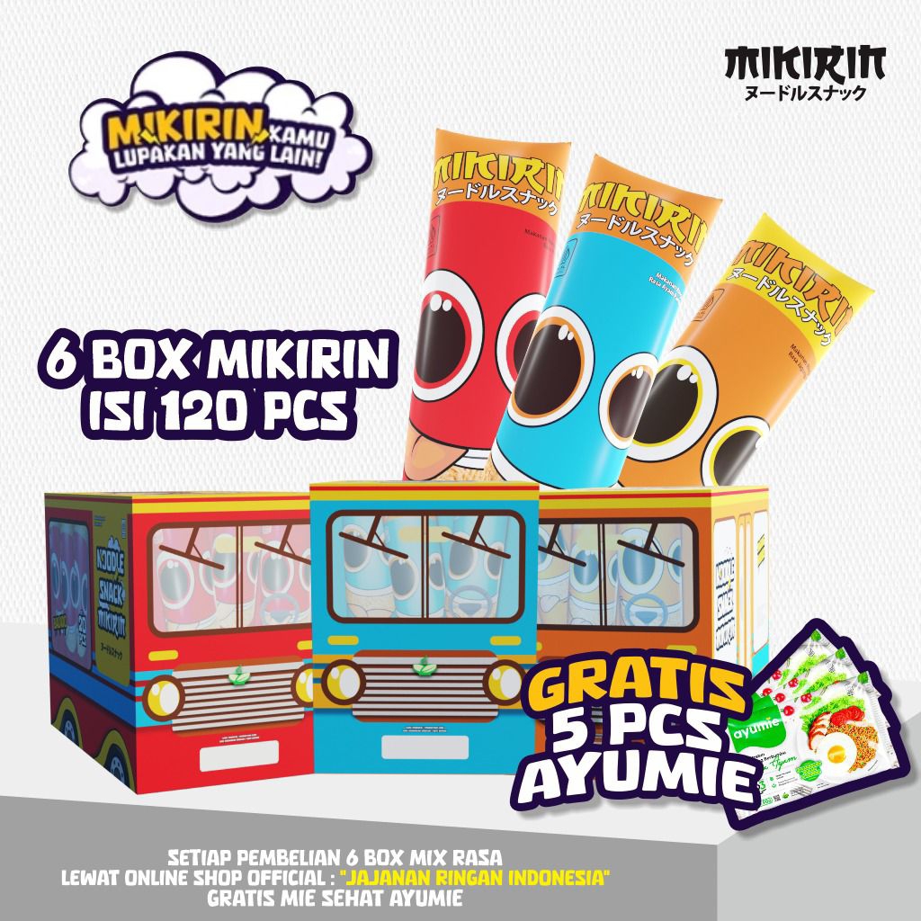 

Mikirin Mie Kremes Noodle Snack MIX 3 RASA AYAM PANGGANG, JAGUNGMANIS, BALADO 6 box isi 120 pcs