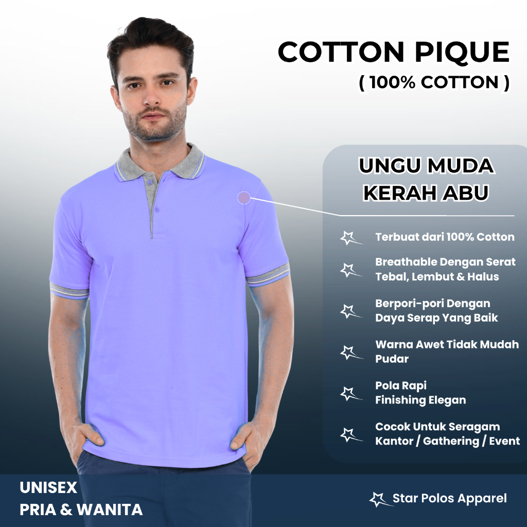 Kaos kerah/ kaos polo Katun unisex wanita pria ungu muda kerah abu lengan pendek Ukuran S-3XL