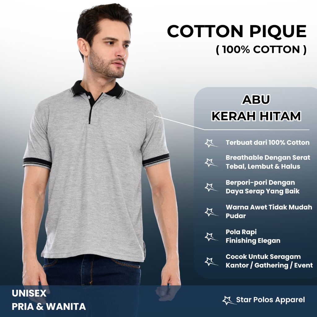 Kaos kerah katun 100% lengan pendek ABU KERAH HITAM pria wanita