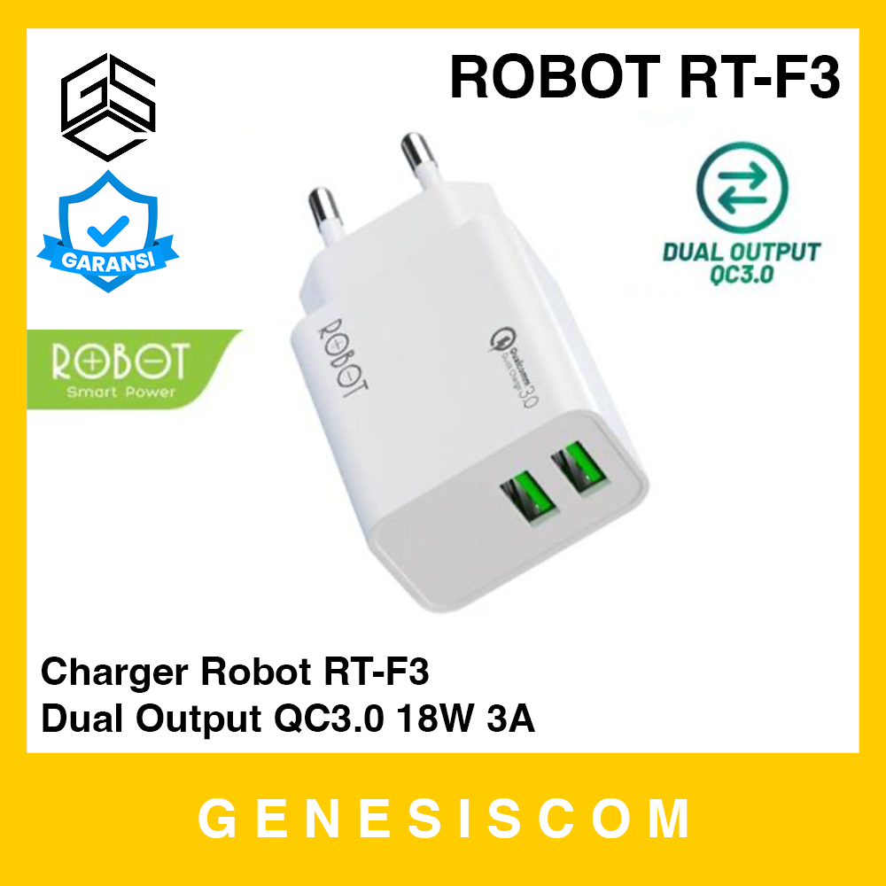 Charger ROBOT RT-F3 Dual Output USB QC3.0 18W 3A - Fast Quick Charging Charge Adaptor Adapter Kepala