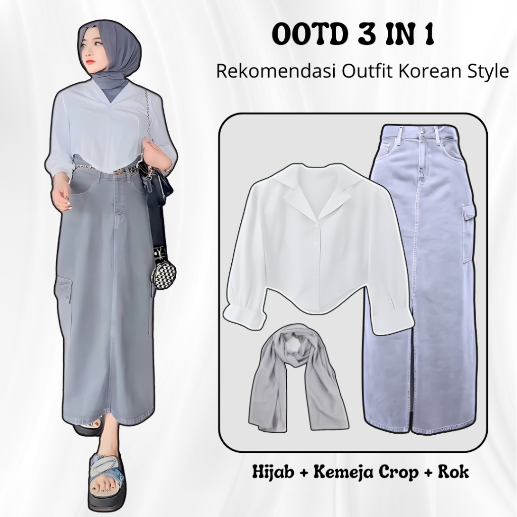 GG001 One Set Wanita Korean Style  (Kemeja Crop + Rok Jeans + Hijab ) Outfit Rok Korean Style Hijab