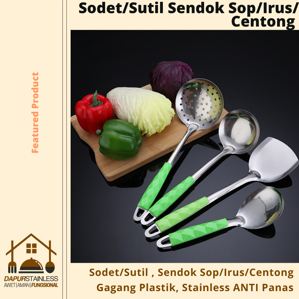 Sodet/Sutil , Sendok Sop/Irus/Centong Gagang Plastik, Stainless ANTI Panas