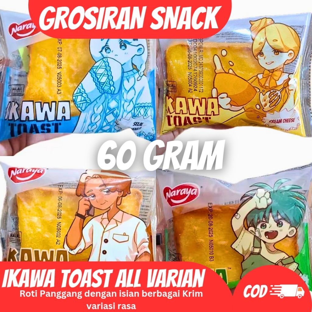 

Naraya Ikawa Toast all varian / Selai Srikaya Pandan / Selai Selai Coklat / Cream Cheese / Selai Vanilla @60g