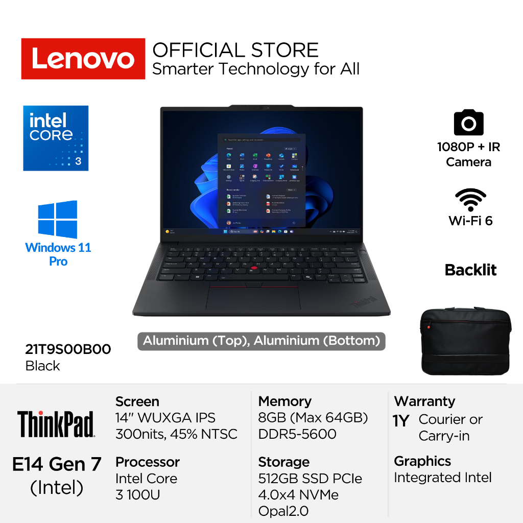 Lenovo ThinkPad E14 Gen 7 0B00 Intel Core 3 100U Win11 Pro 8GB 512GB Opal2.0 14" WUXGA IPS 60Hz 45% 