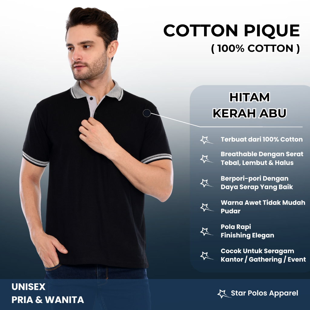 Kaos kerah/ poloshirt katun premium Hitam KERAH ABU pendek pria wanita