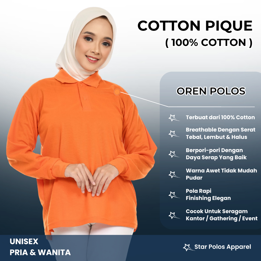 Kaos kerah/ Poloshirt COTTON 100% OREN POLOS lengan panjang wanita pria
