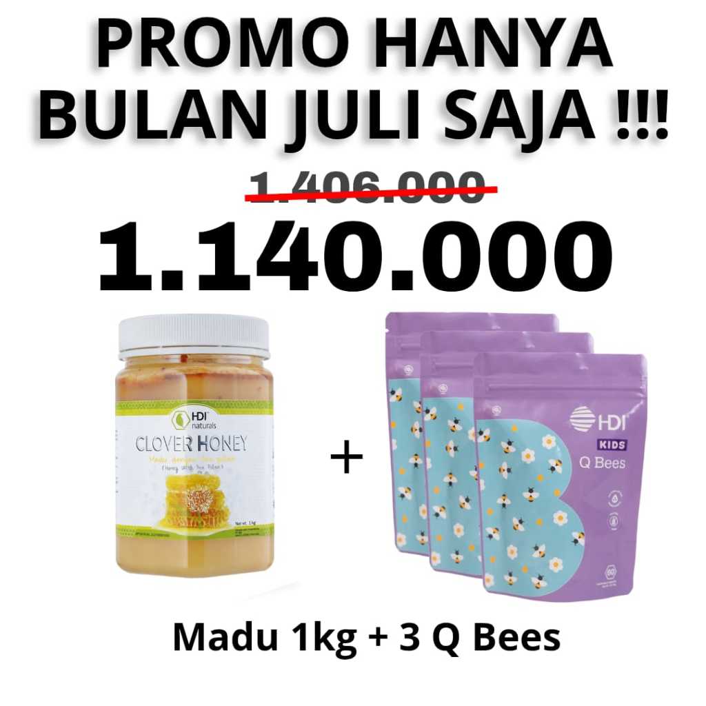 

CLOVER HONEY 1KG + 3 PACK QBEES (1 PACK ISI 60 TABLET KUNYAH) (PROMO BULAN JULI SAJA)