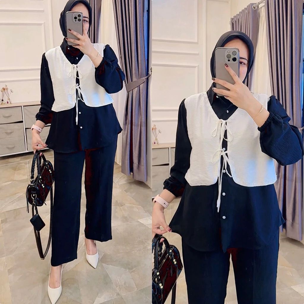 Yola Setelan Celana Rompi Polos Crinkle Airflow Ld 110 // One Set Wanita // One Set Polos // Set